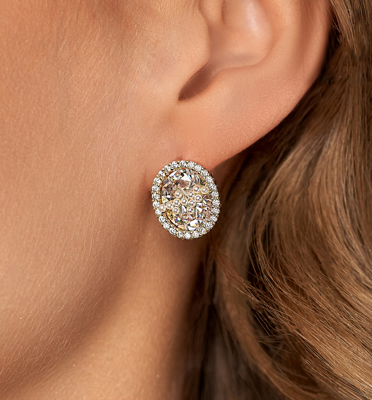 Kolczyki złote z kryształem i perełkami Rivadavia - By Dziubeka