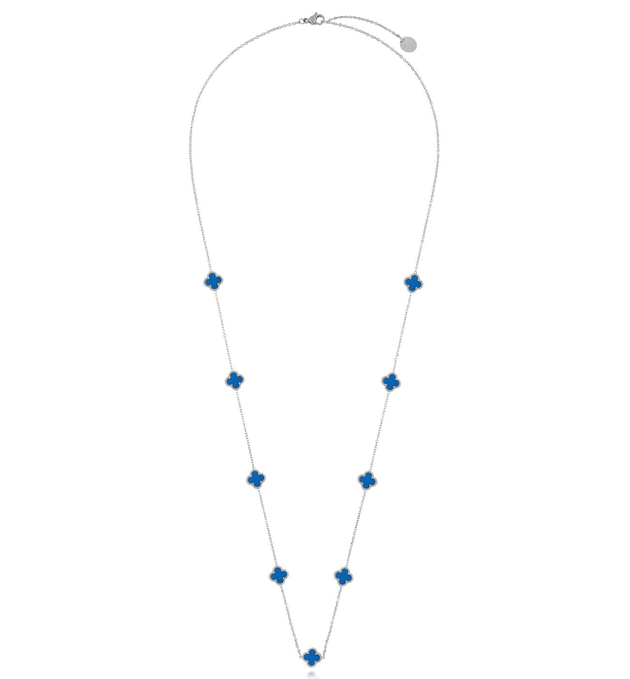Naszyjnik z niebieskimi koniczynkami długi srebrny NSY0364