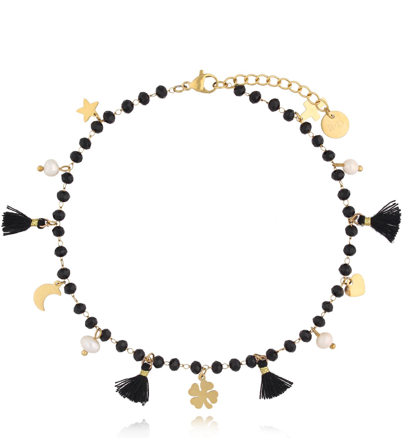 Bransoletka na nogę czarna z charmsami i chwostami Yasemin B - By Dziubeka