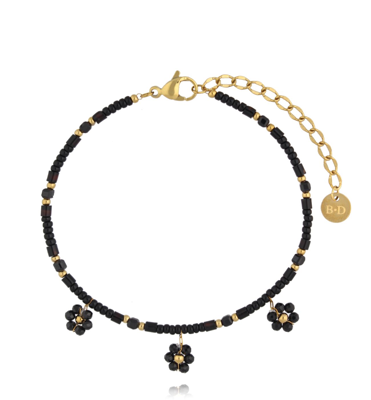 Bransoletka czarna z kwiatuszkami zapinana - By Dziubeka