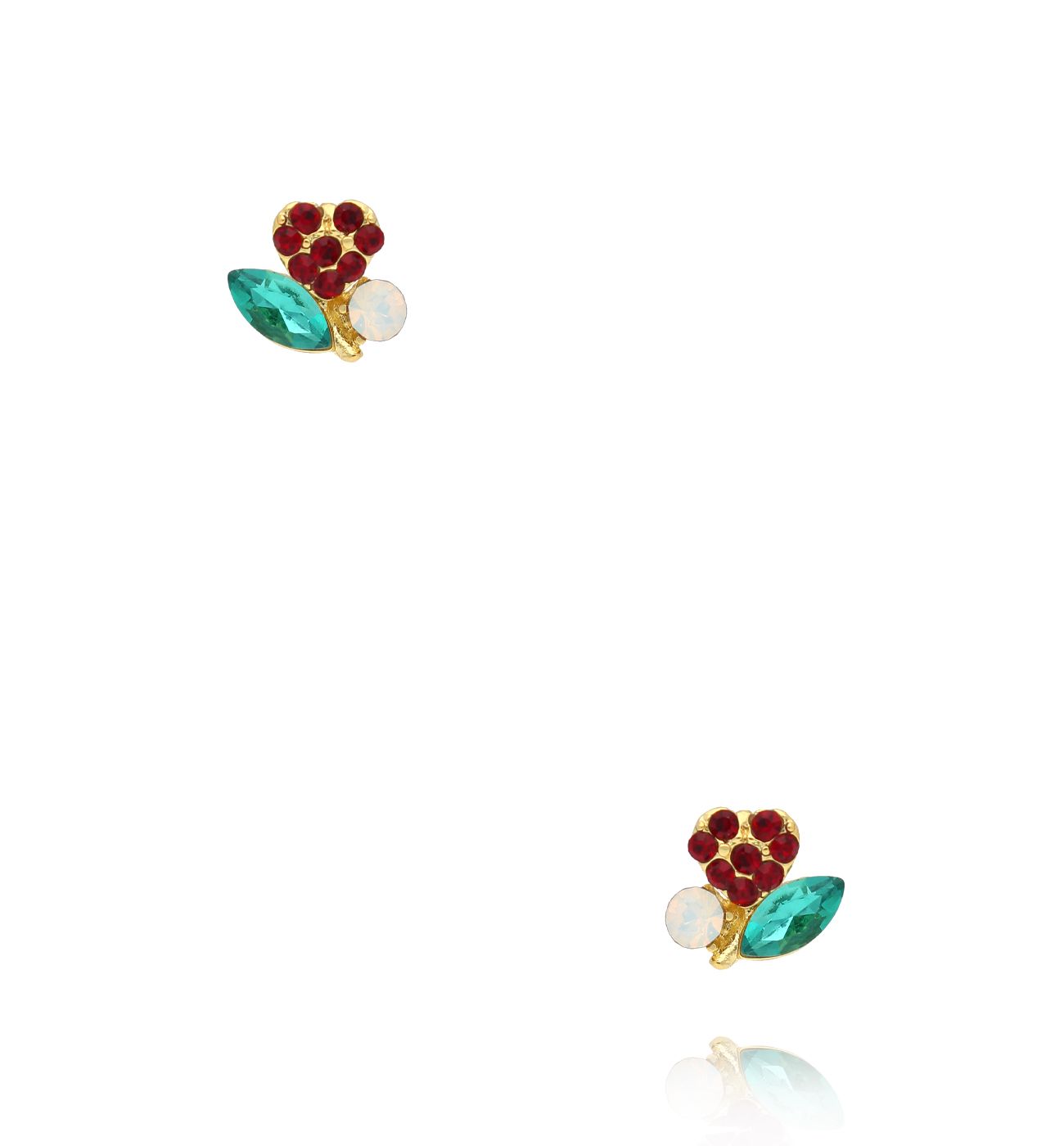 Kolczyki z czerwonymi kryształkami i zielonym listkiem KSS2081