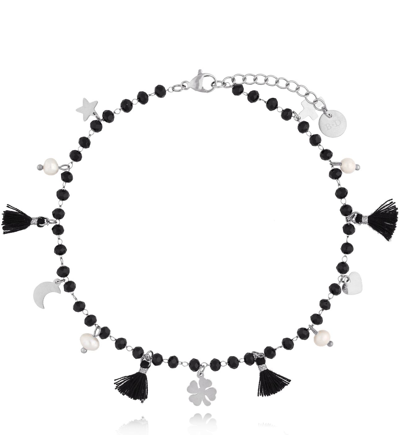 Bransoletka na nogę czarna z charmsami i chwostami Yasemin BNSC0093