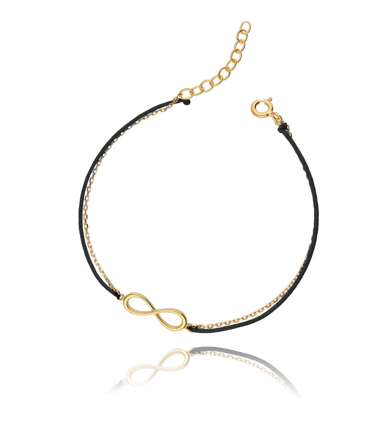 Bransoletka srebrna pozłacana na czarnym sznurku - nieskończoność BSE0040