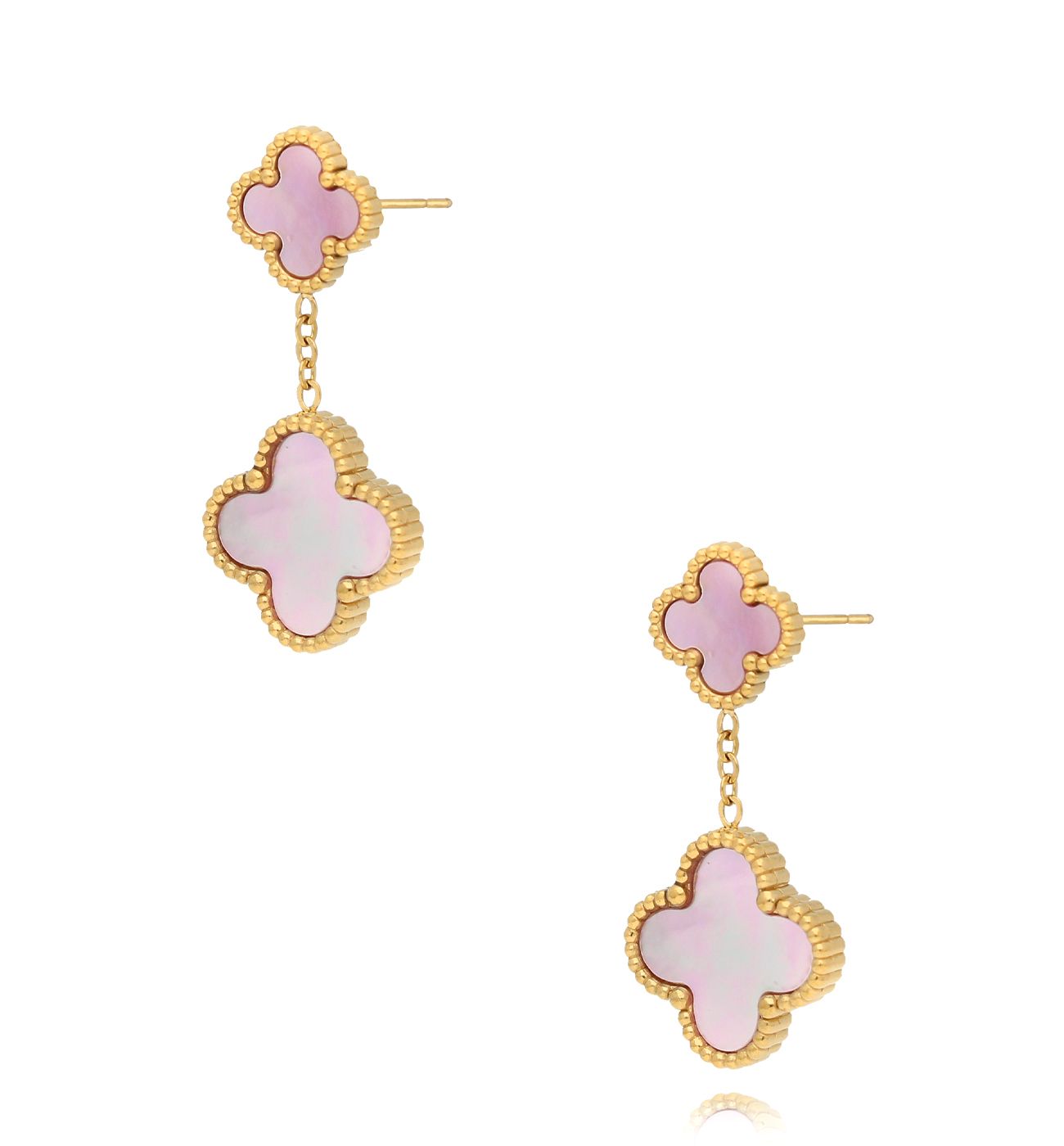Kolczyki z koniczynkami z różową masą perłową złote Luck in Leaves KSY0205 - By Dziubeka