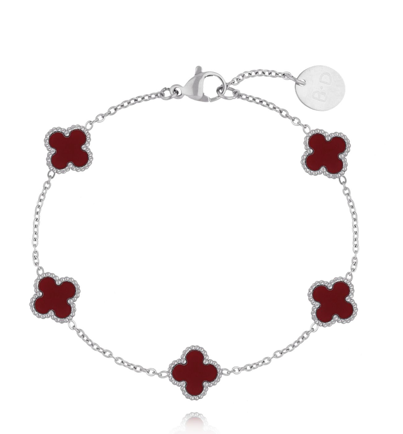 Bransoletka z bordowymi koniczynkami srebrna Clovers BSY0178 - By Dziubeka