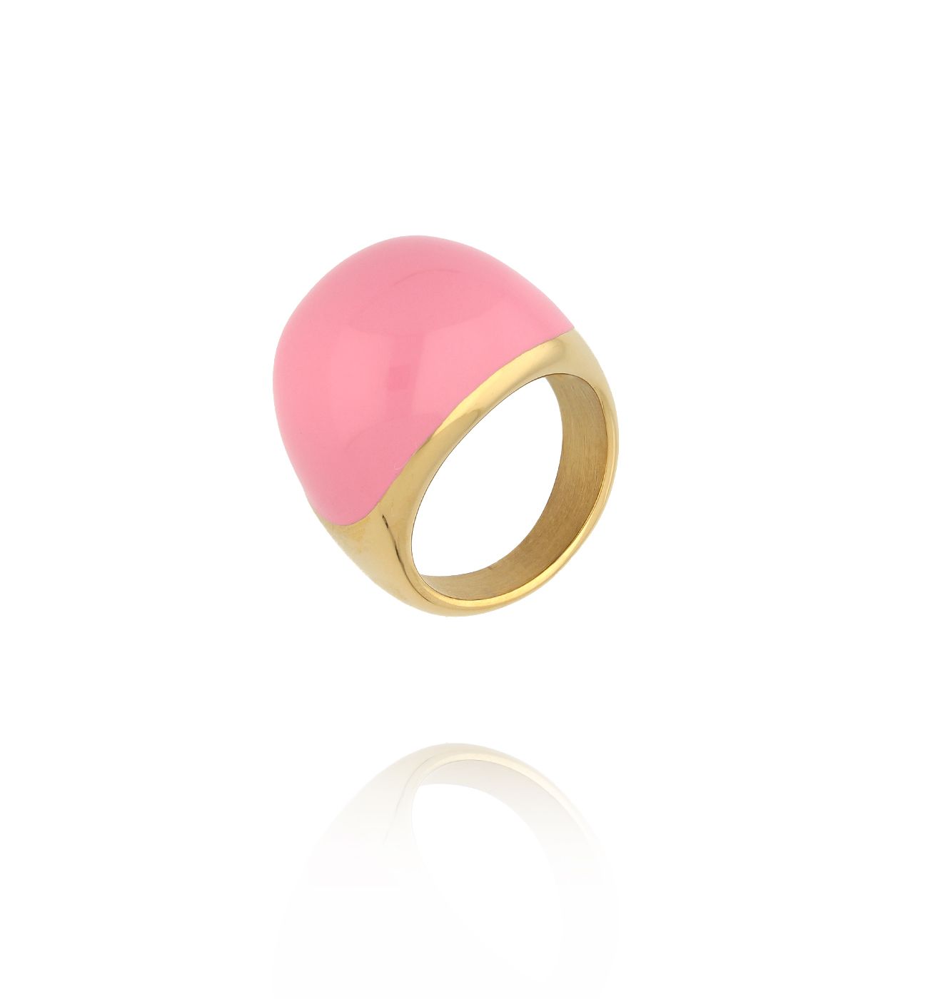 Pierścionek złoty z różową emalią - By Dziubeka