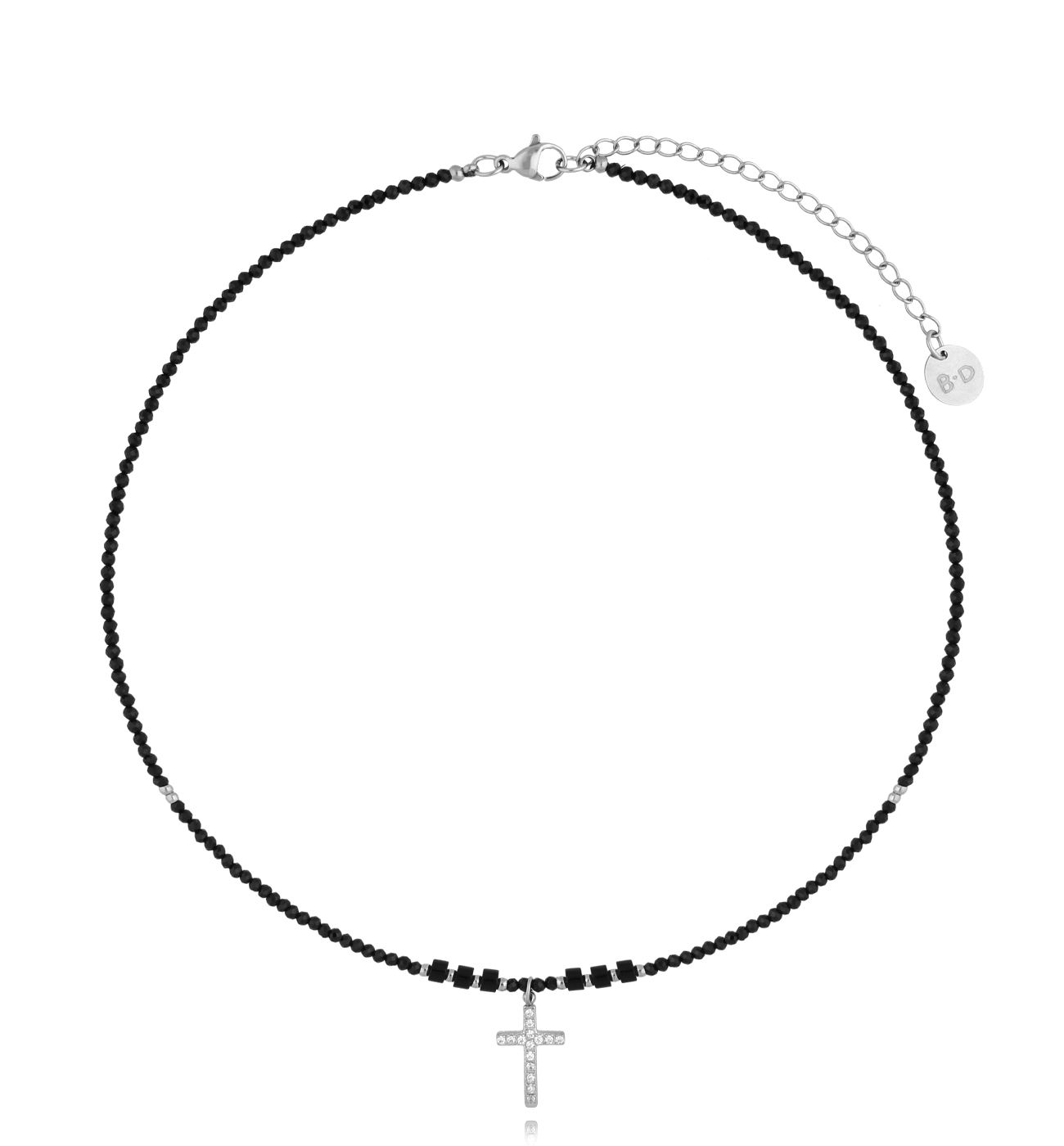 Naszyjnik czarny ze srebrnym krzyżykiem - By Dziubeka