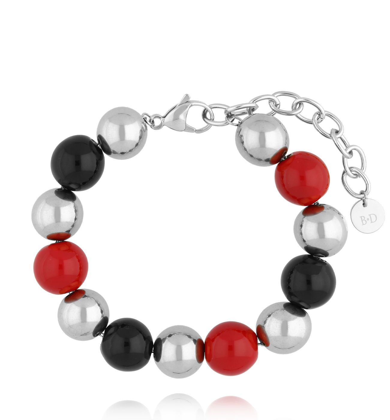 Bransoletka z czerwonymi i czarnymi kulkami srebrna - By Dziubeka