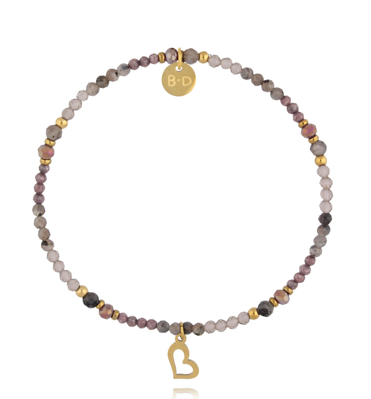 Bransoletka z sercem i kamieniami w odcieniach szaro-fioletowych - By Dziubeka