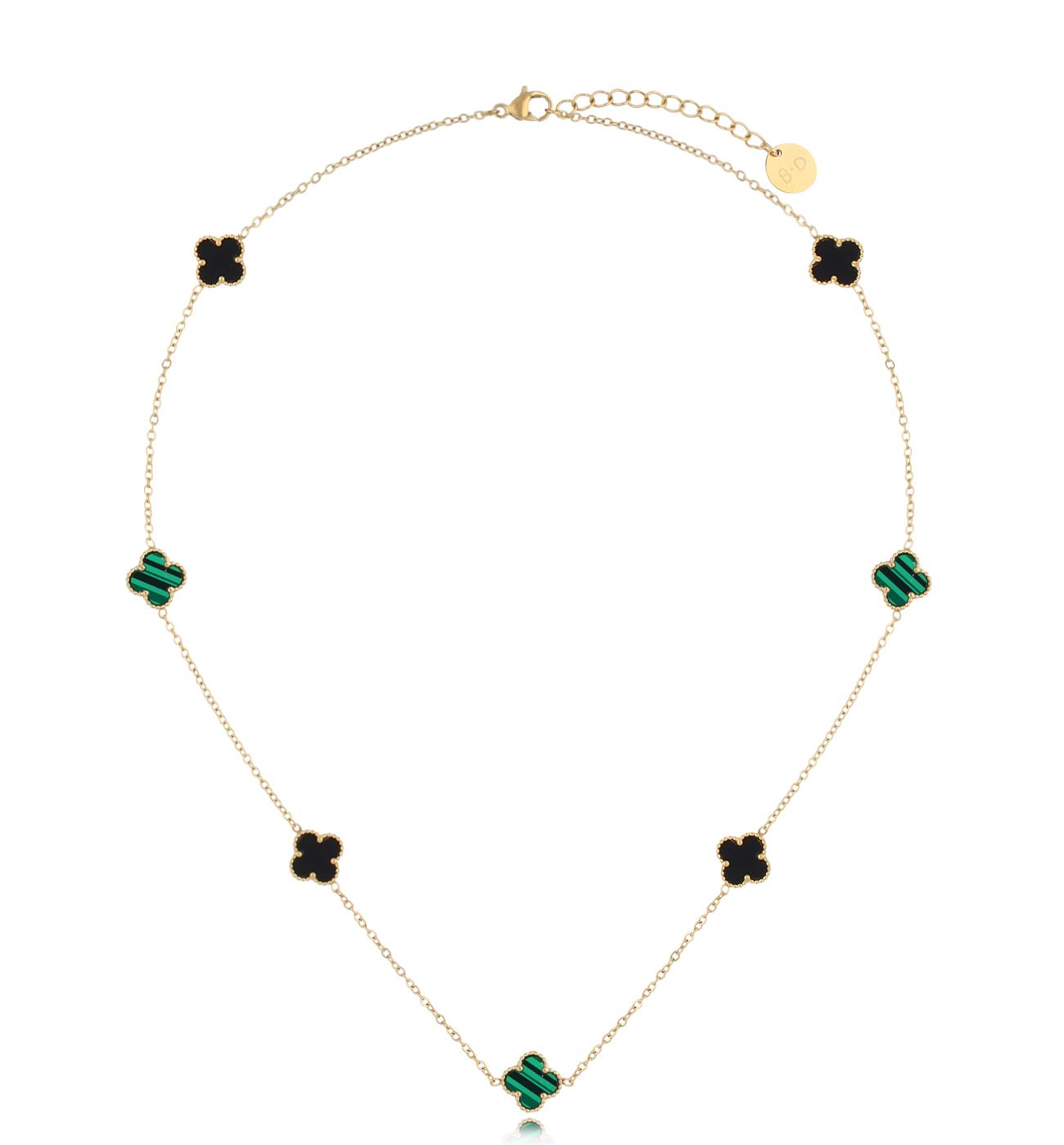 Naszyjnik złoty z czarnymi i zielonymi koniczynkami Clover NSY0169 - By Dziubeka