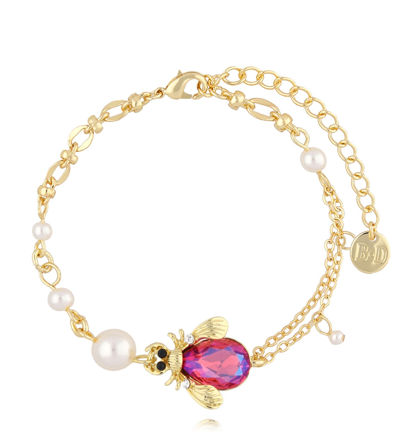 Bransoletka z fuksjowym owadem i perłami Morning Dew - By Dziubeka