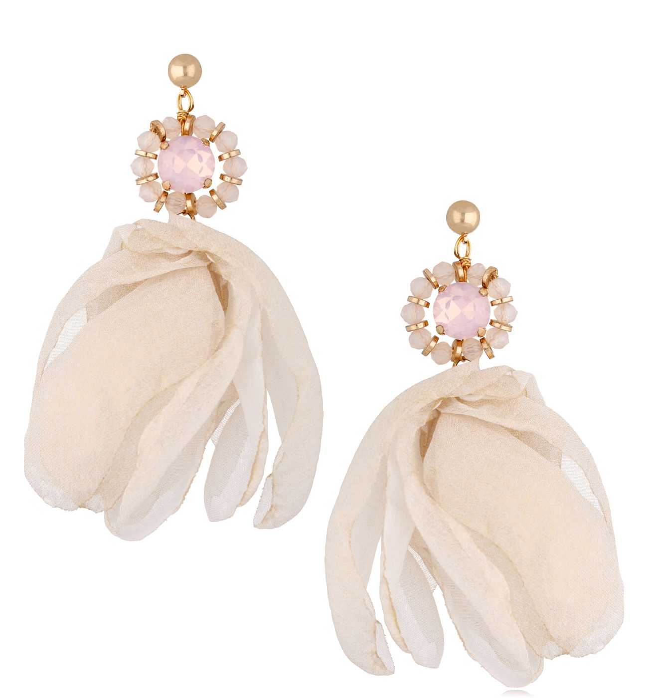 Kolczyki beżowe migdałowe z szyfonu z kryształami Aabira - By Dziubeka