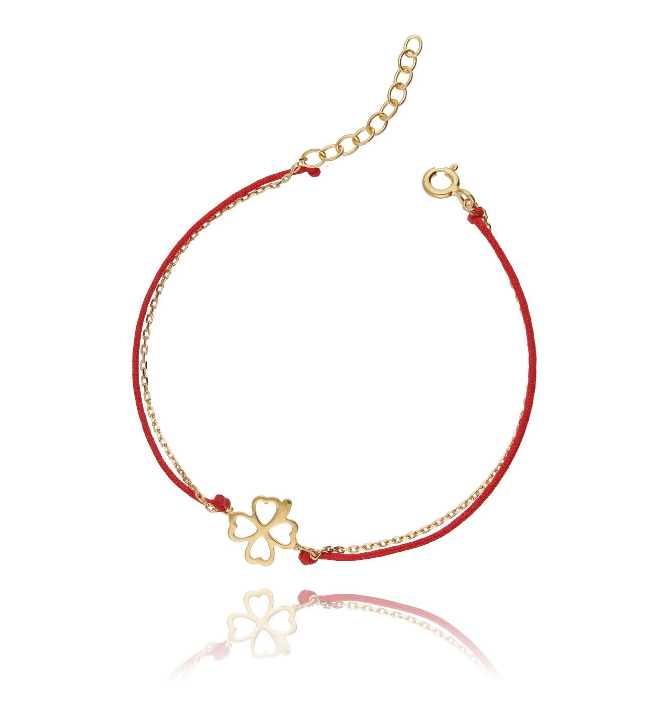 Bransoletka srebrna pozłacana na czerwonym sznurku - koniczynka BSE0049