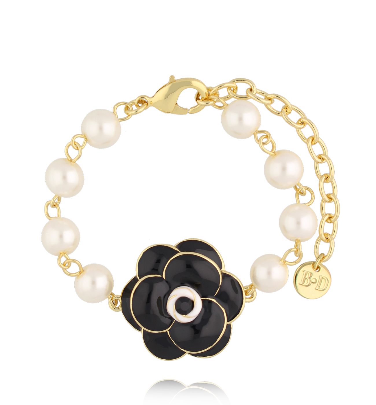 Bransoletka z perełkami i czarnym kwiatem BSS0243 - By Dziubeka