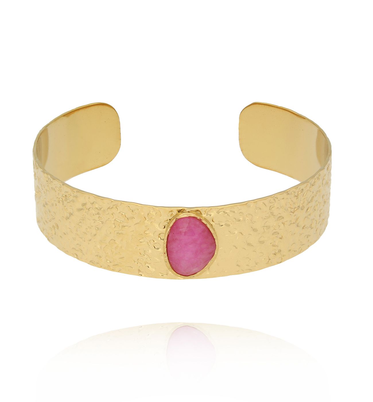 Bransoletka szeroka złocona z jadeitem fuksjowym BEA0021 - By Dziubeka