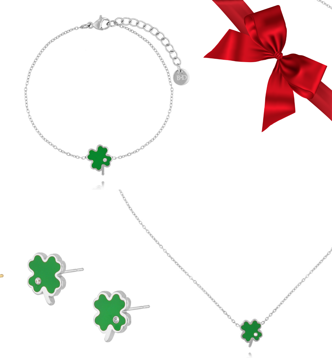 Zestaw Świąteczny z zieloną koniczynką srebrny ZS0007