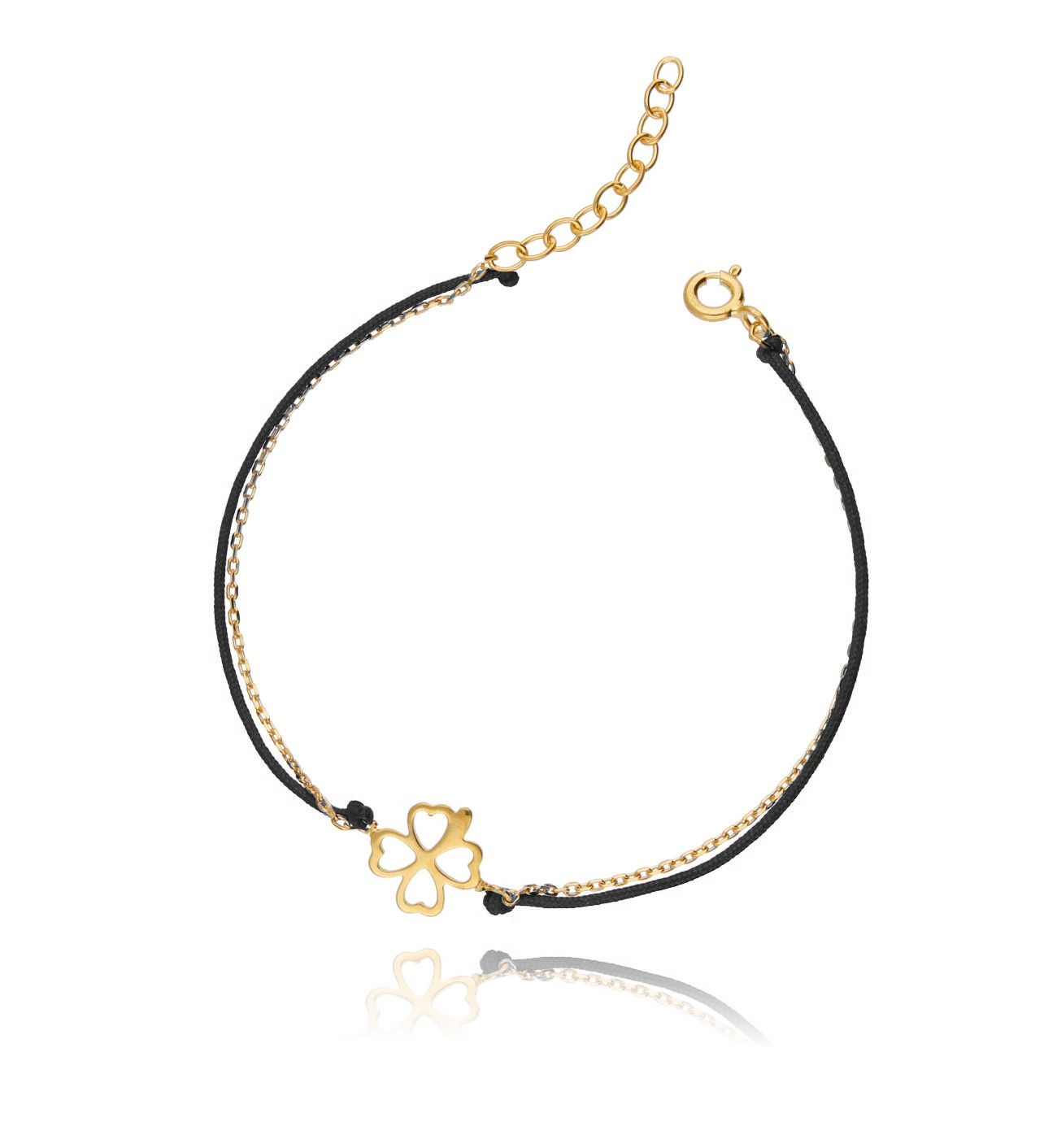 Bransoletka srebrna pozłacana na czarnym sznurku - koniczynka BSE0048