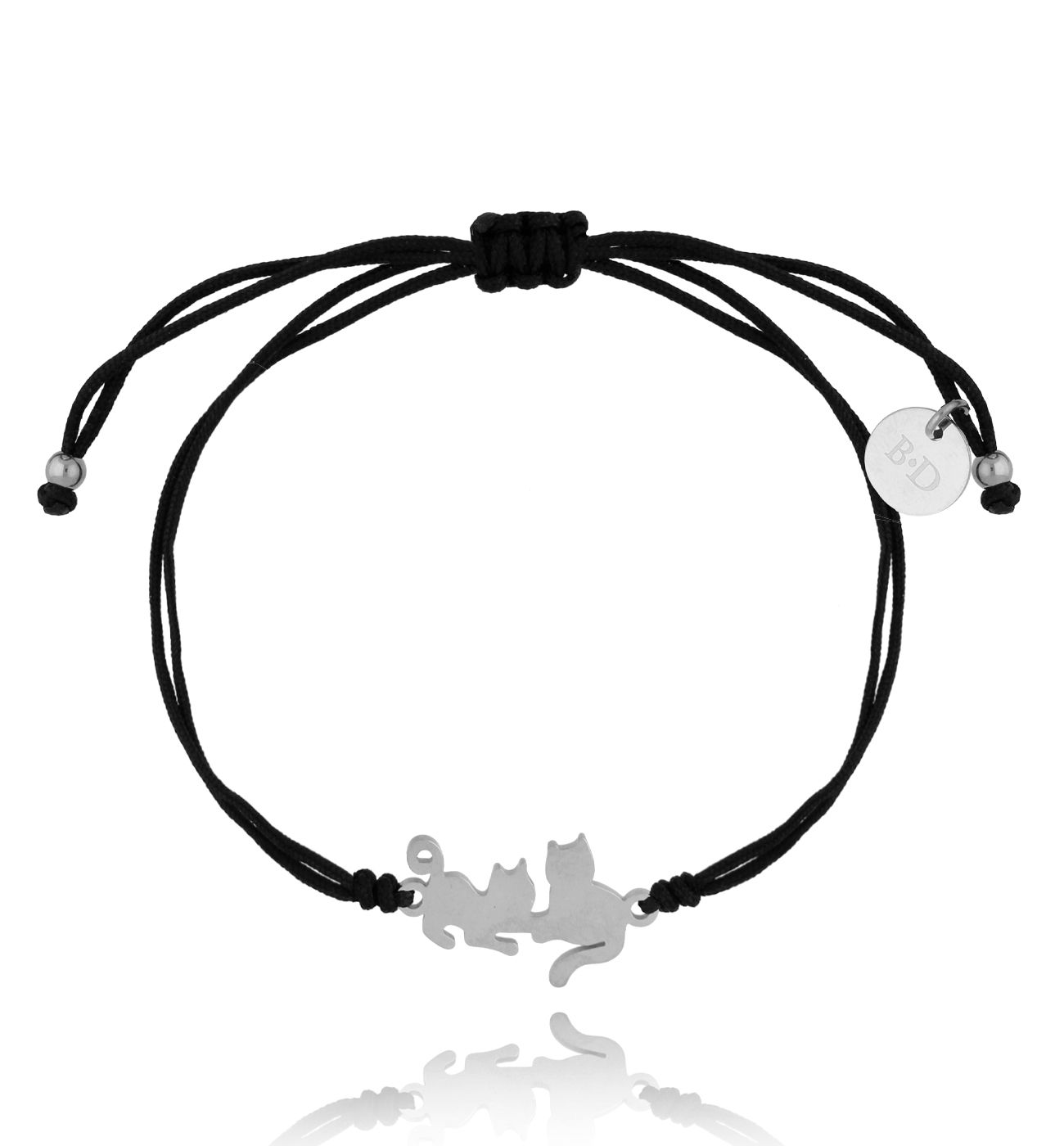 Bransoletka srebrna z czarnym sznurkiem i kotkami Kitty BGL0706 - By Dziubeka