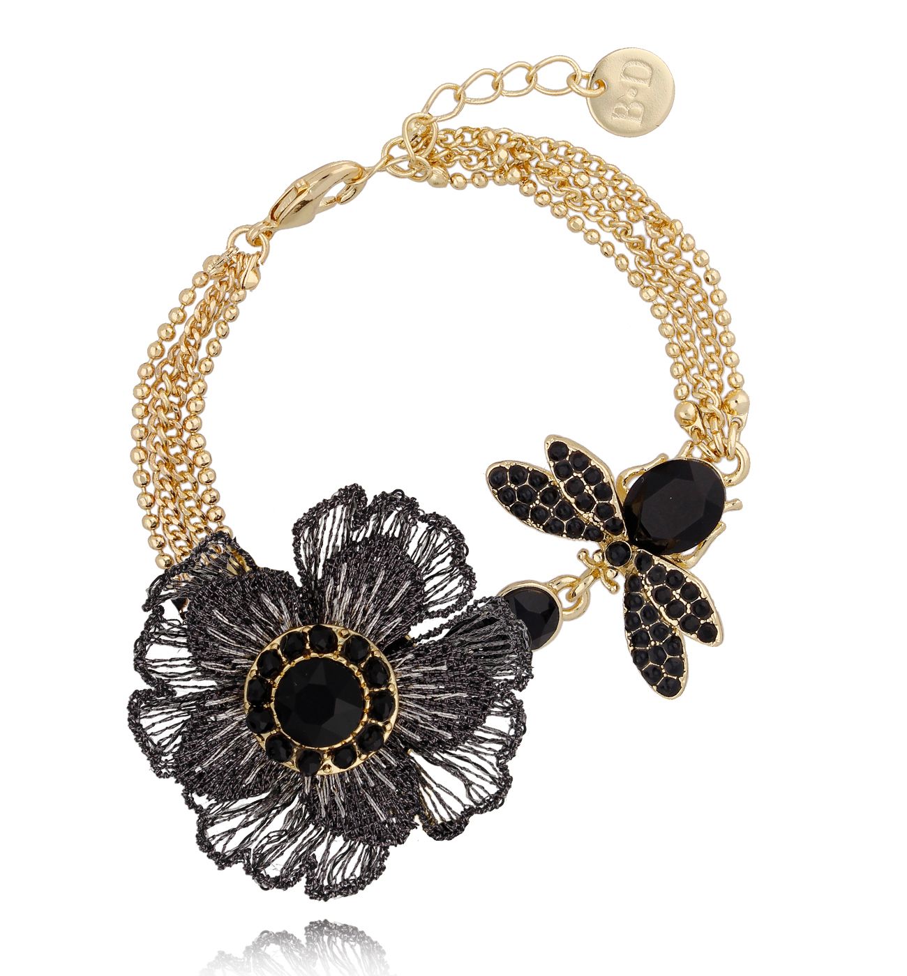 Bransoletka z owadem i kwiatem czarna Siri - By Dziubeka