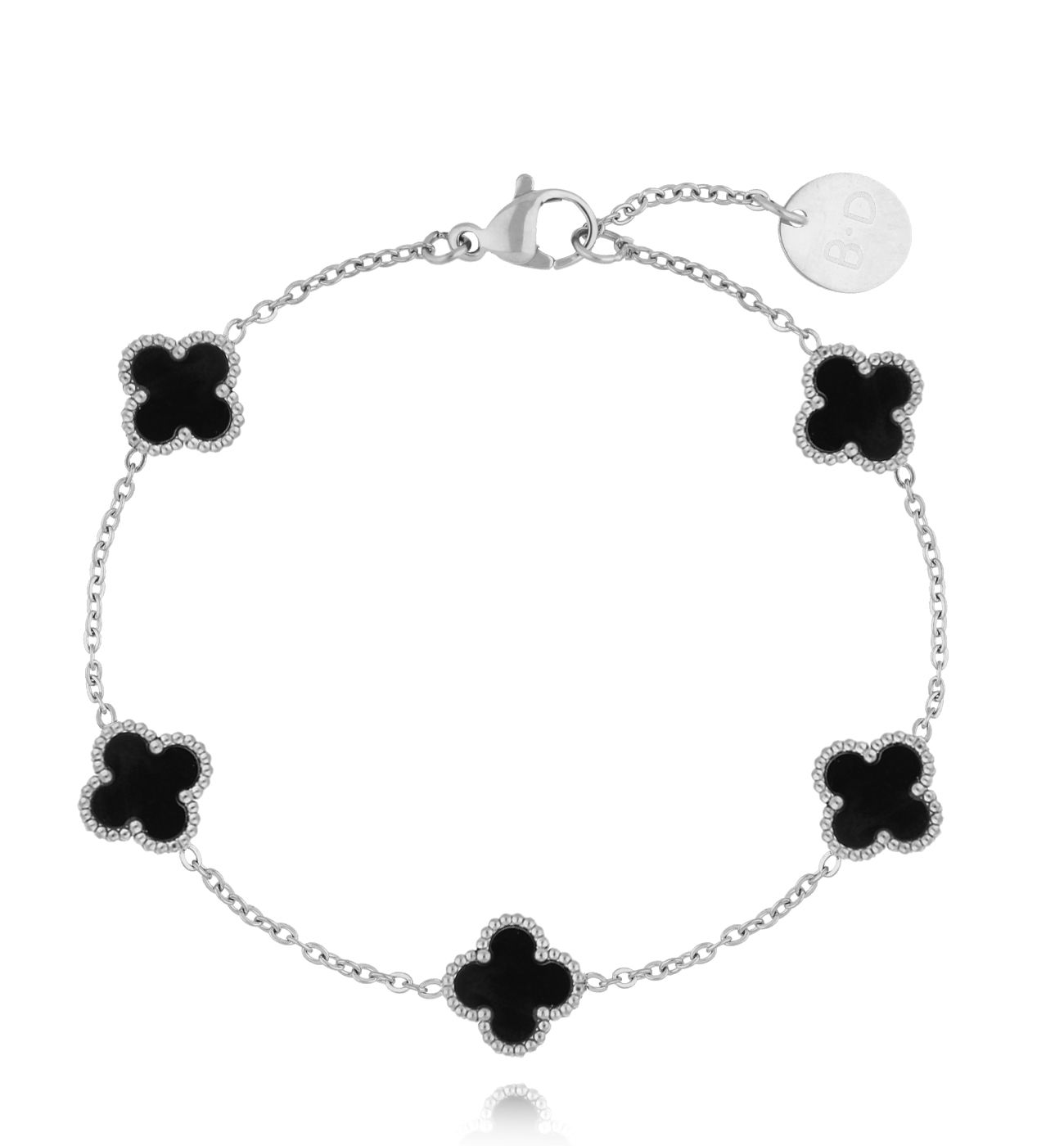 Bransoletka z czarnymi koniczynkami srebrna Clovers BSY0193