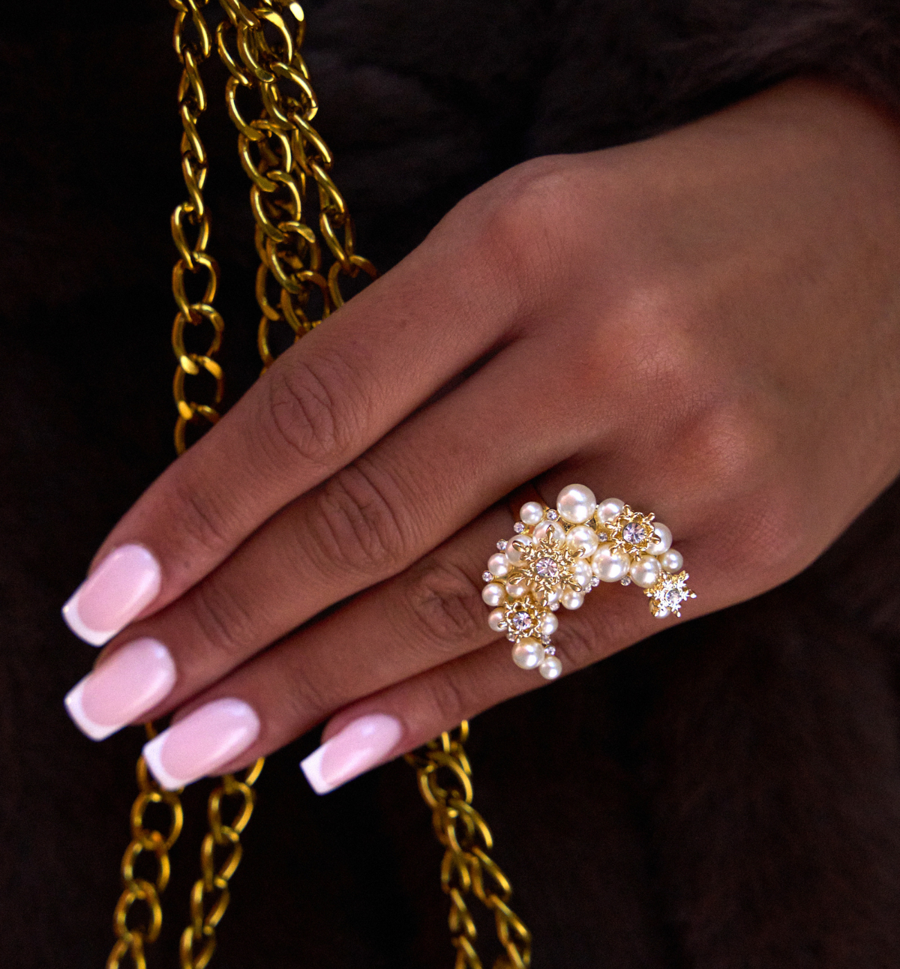 Pierścionek z księżycem z perełkami PSS0163