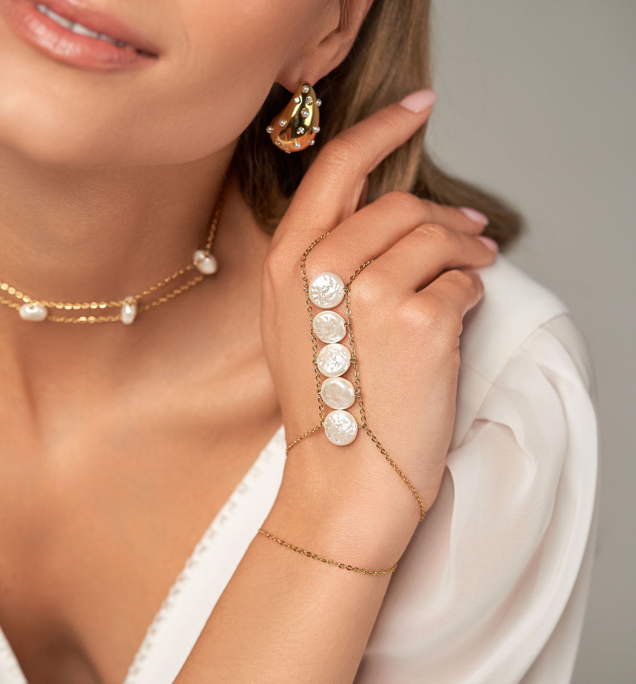 Bransoletka złota z pierścionkiem i perłami Trinidad - By Dziubeka