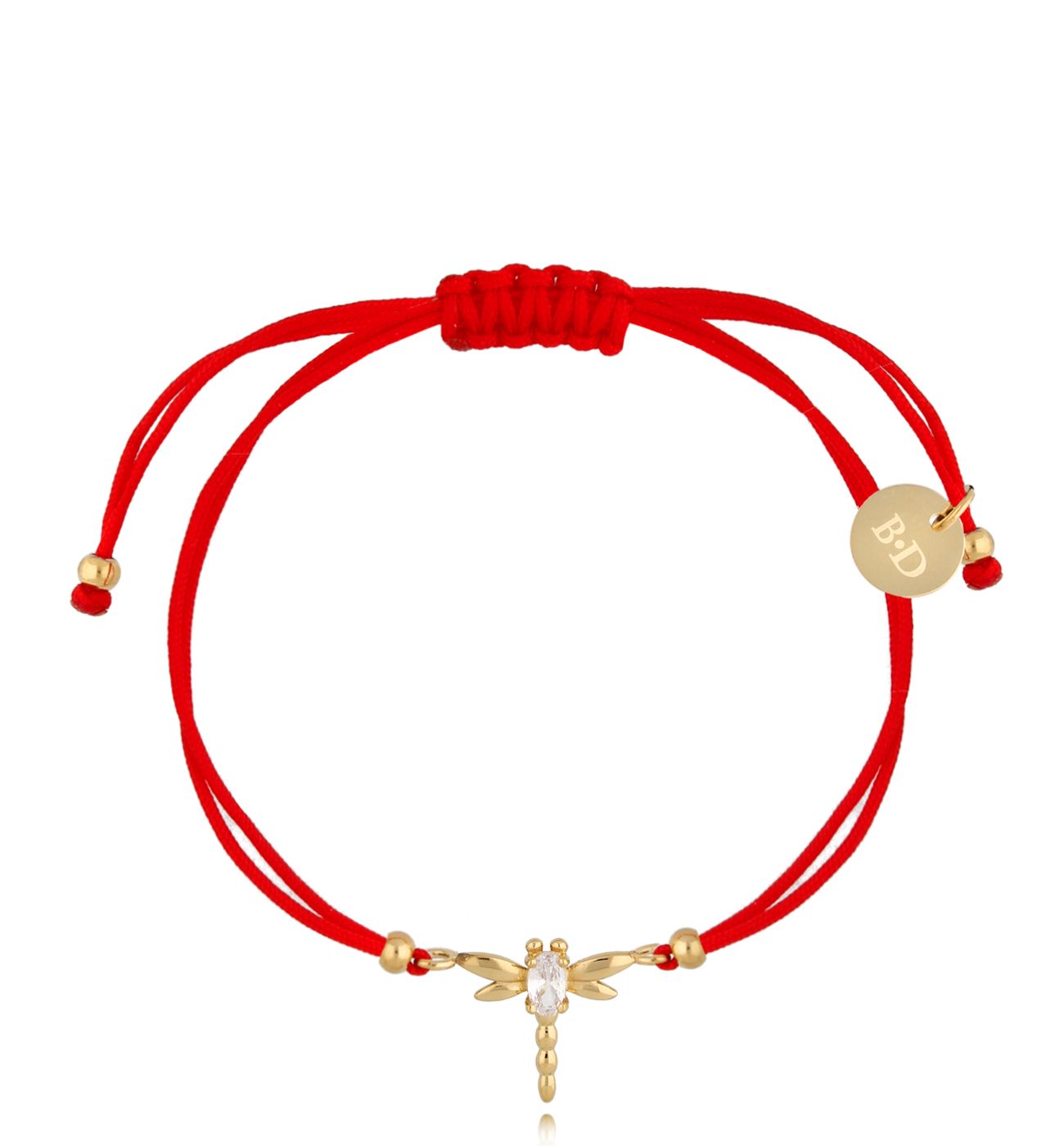 Bransoletka złota z czerwonym sznurkiem i ważką Libellula BGL0713 - By Dziubeka