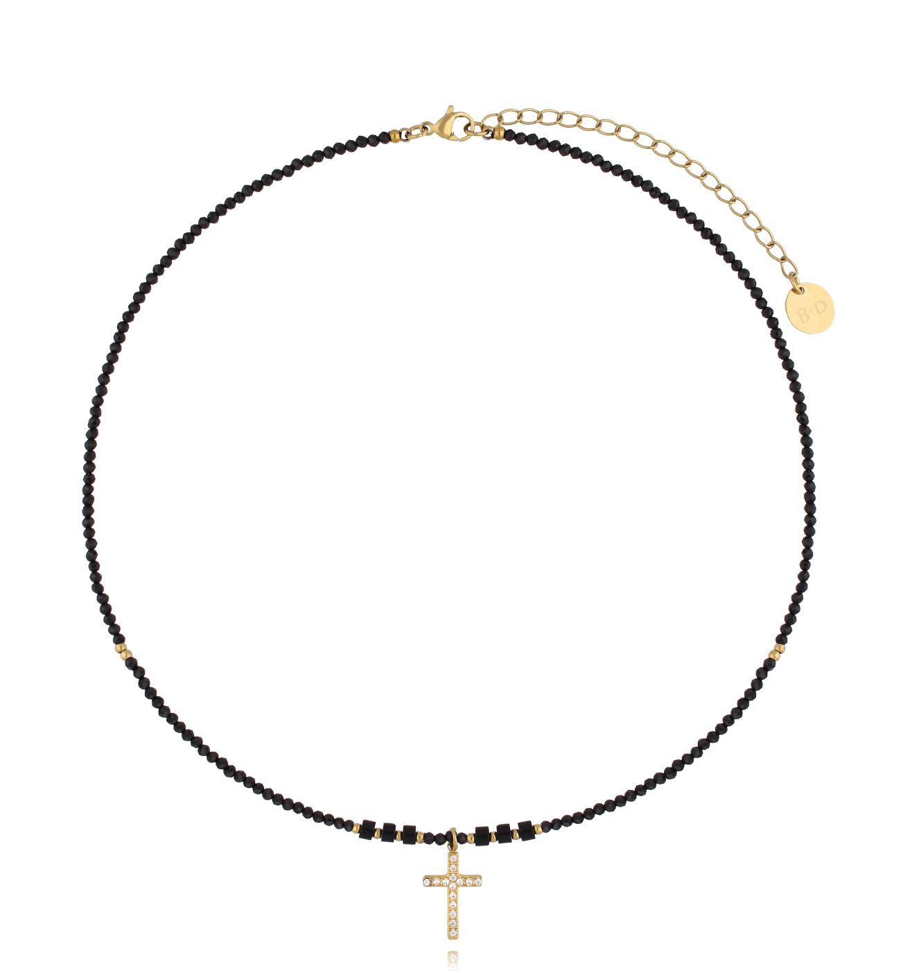 Naszyjnik czarny z turmalinami i krzyżykiem NTW1273