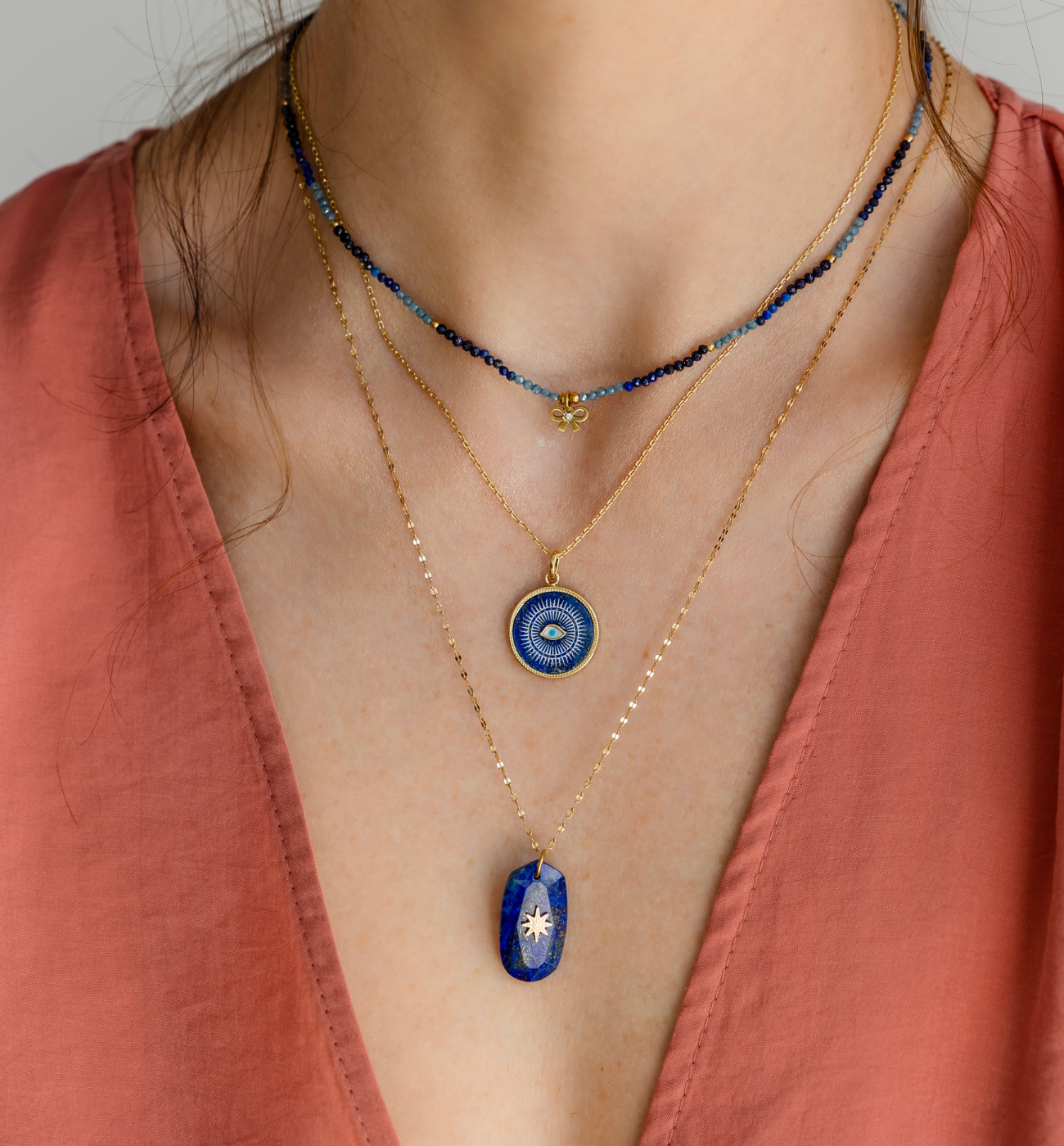 Naszyjnik z lapisami i kokardką - By Dziubeka