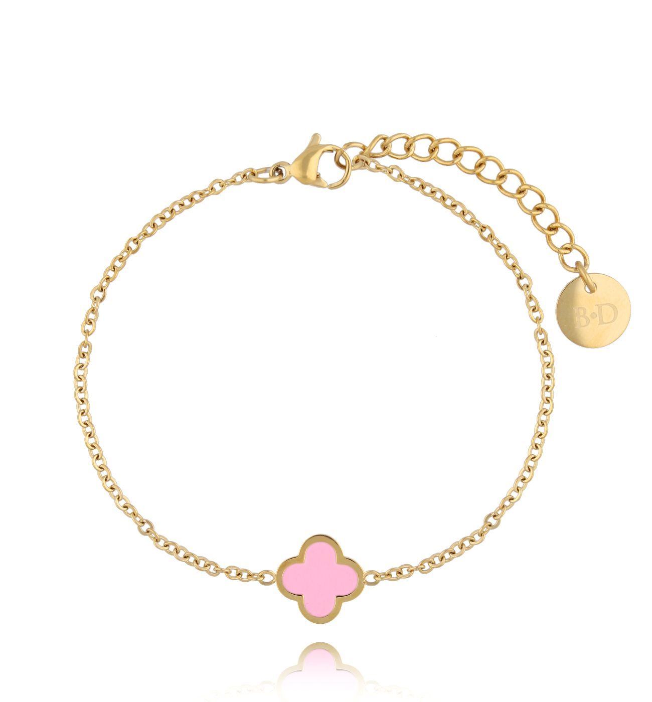 Bransoletka złota z koniczynką z różową emalią Heureux BSA0556