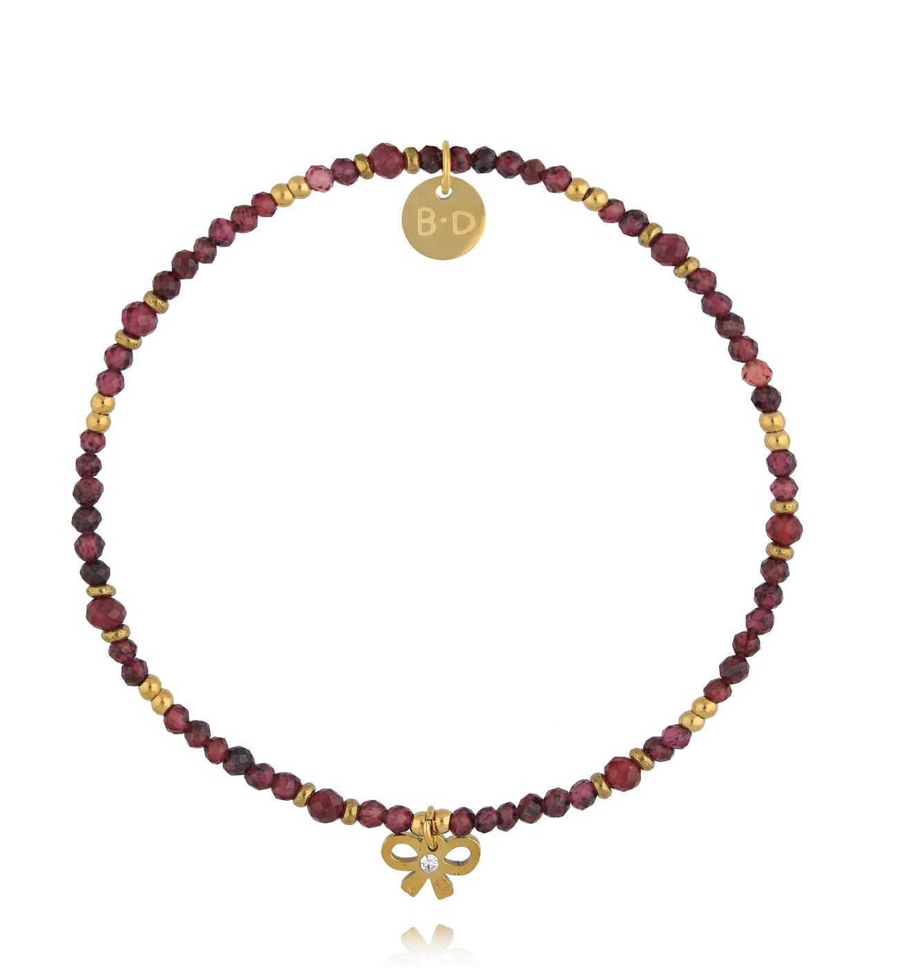 Bransoletka z naturalnego granatu i złoconą kokardką - By Dziubeka