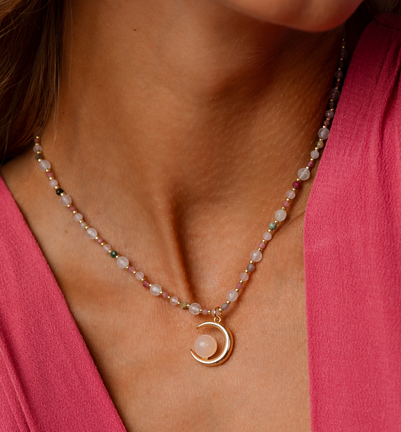 Naszyjnik z kwarcami różowymi i księżycem - By Dziubeka