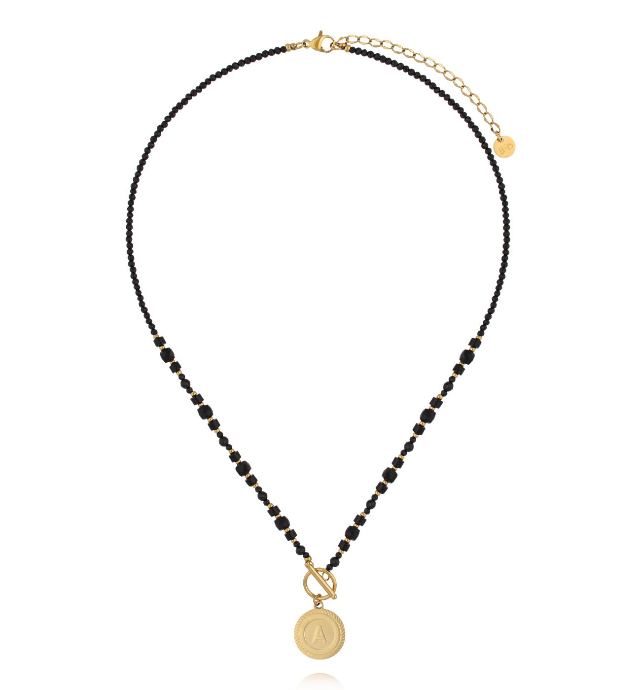 Naszyjnik z czarnych turmalinów i medalikiem litera A - By Dziubeka