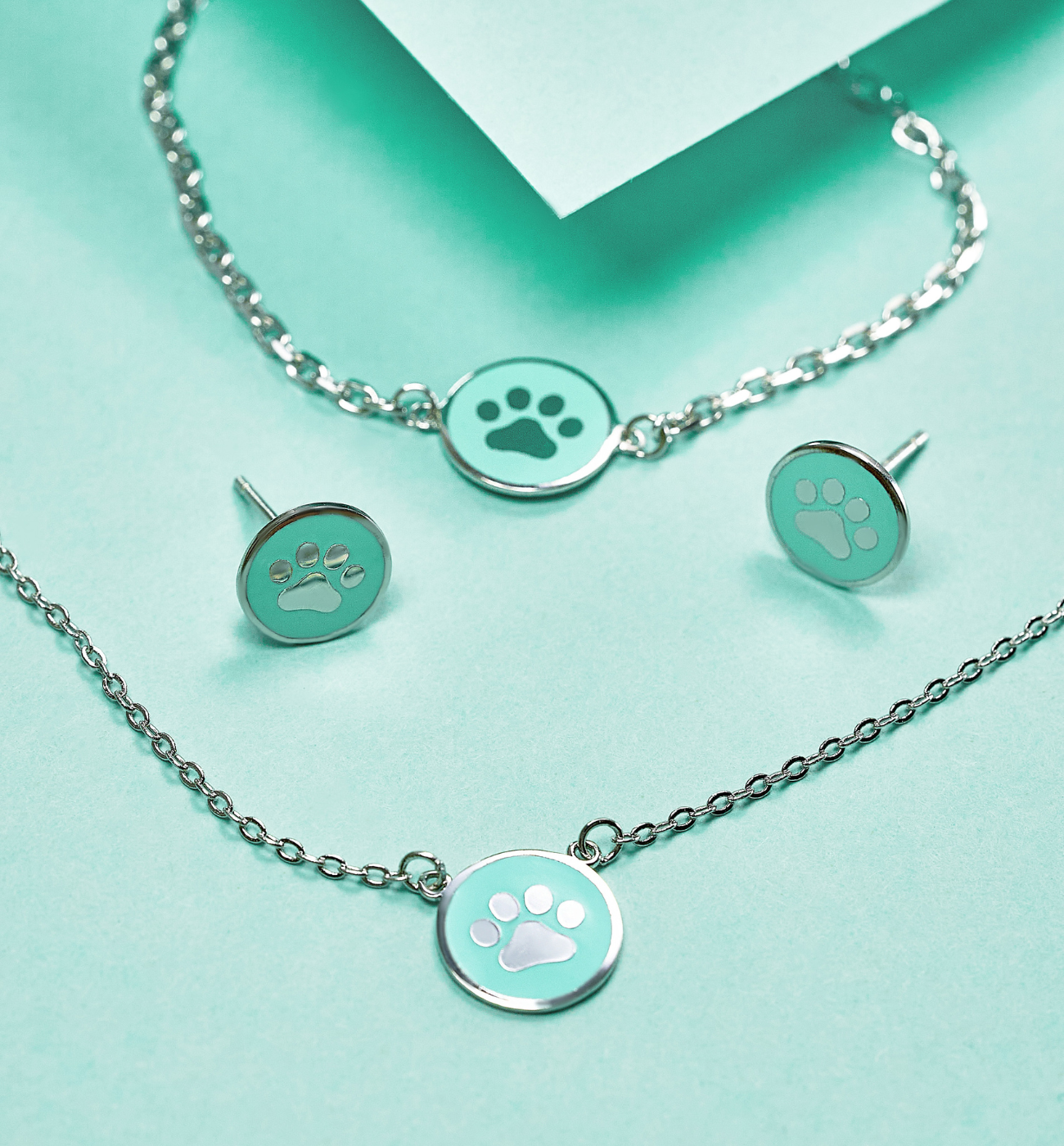 Zestaw srebrny z łapkami i miętową emalią Candyland ZCA0009