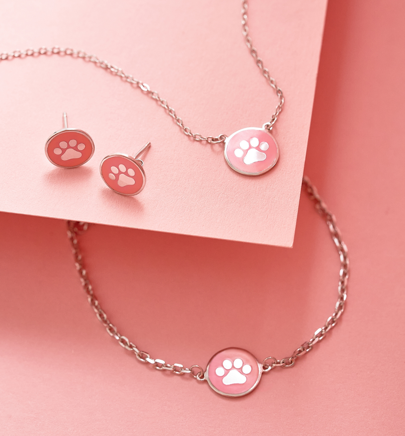 Zestaw srebrny z łapkami i różową emalią Candyland ZCA0007 - By Dziubeka