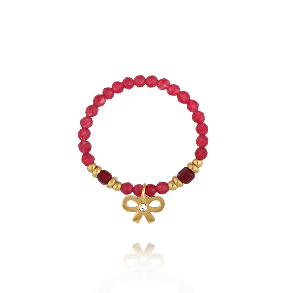 Pierścionek z czerwonymi agatami i kokardką - By Dziubeka