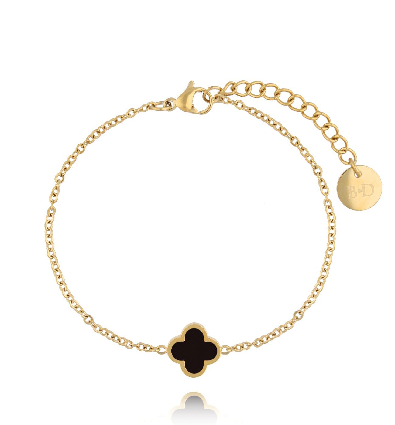Bransoletka złota z koniczynką z czarną emalią Heureux - By Dziubeka