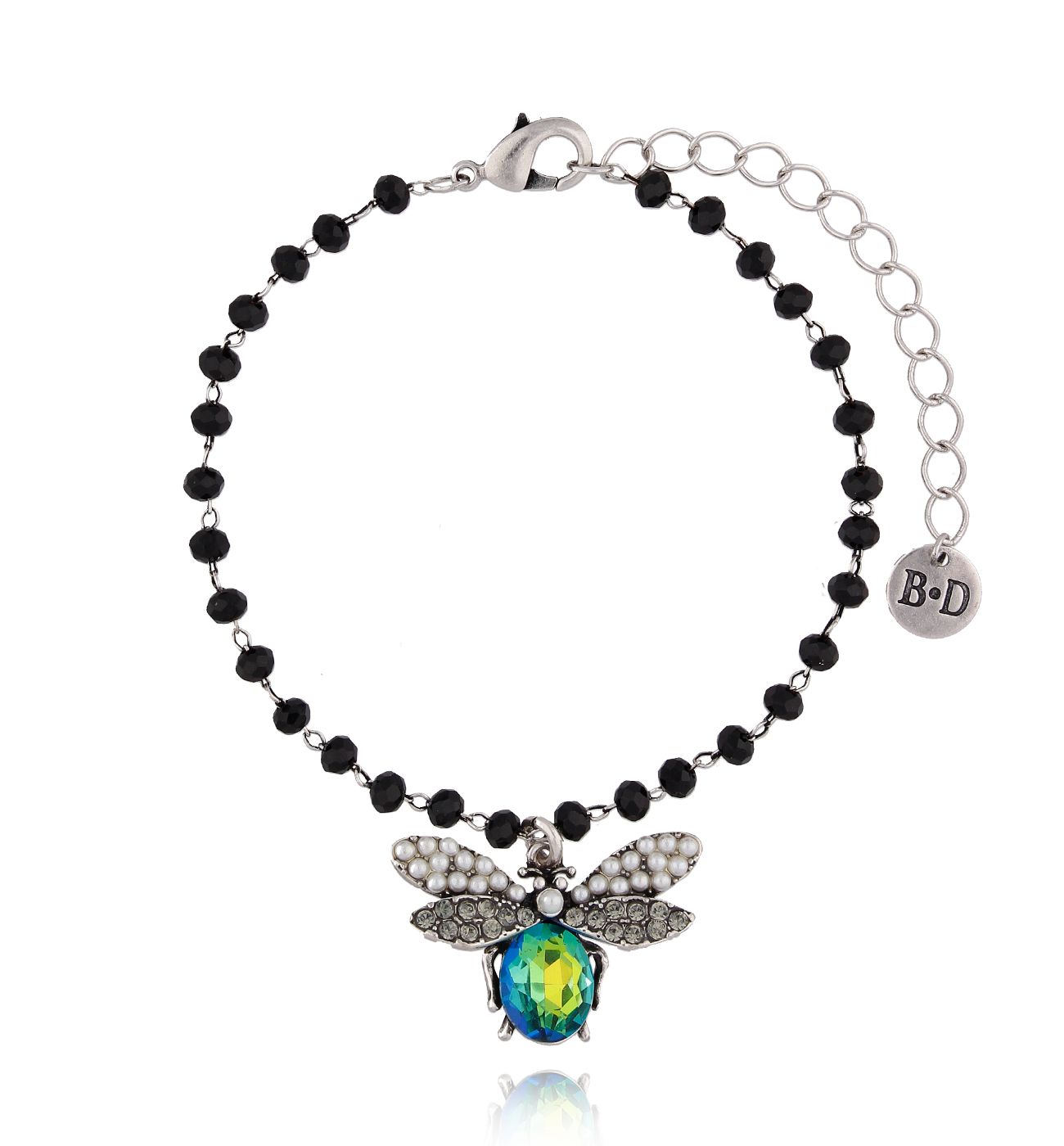 Bransoletka z niebiesko zielonym owadem z kryształkami BMI0040