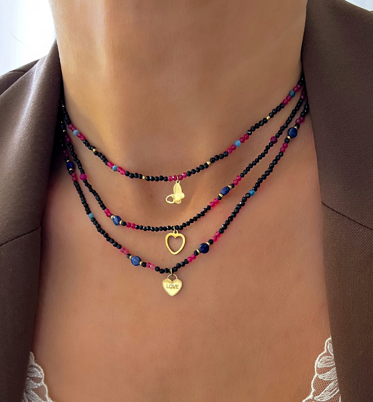 Naszyjnik z turmalinami i agatami z sercem Golden Heart NTW1306