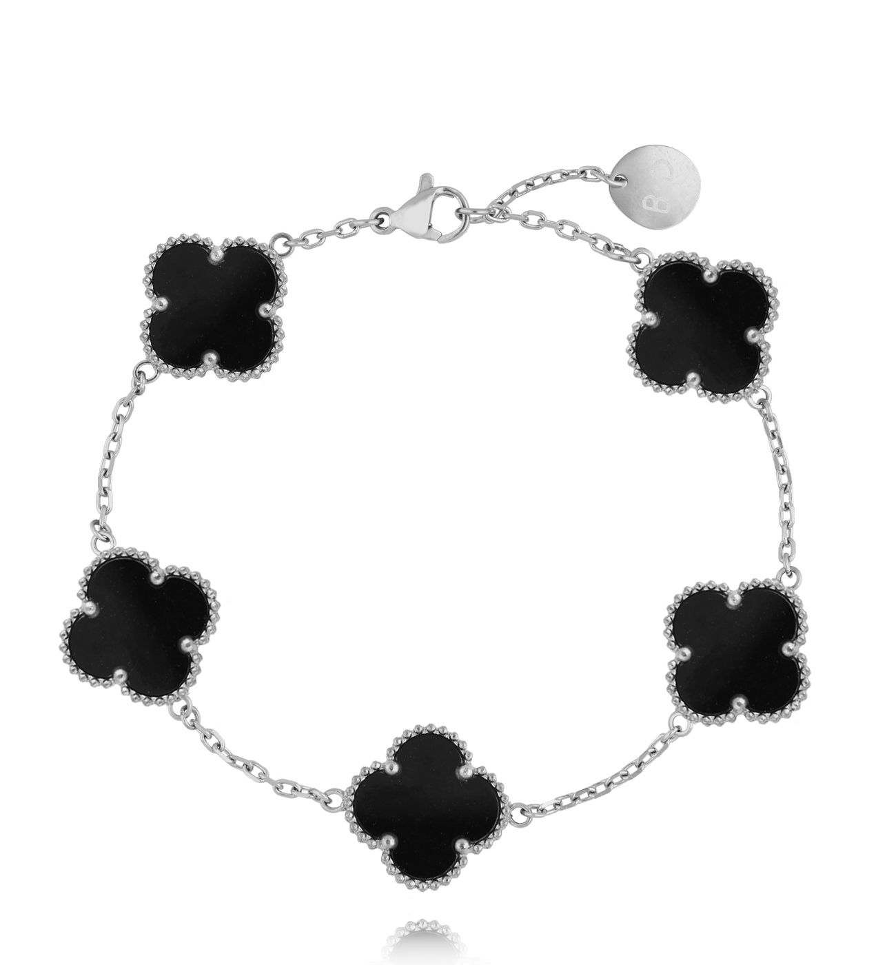 Bransoletka z czarnymi koniczynkami srebrna BSY0201 - By Dziubeka