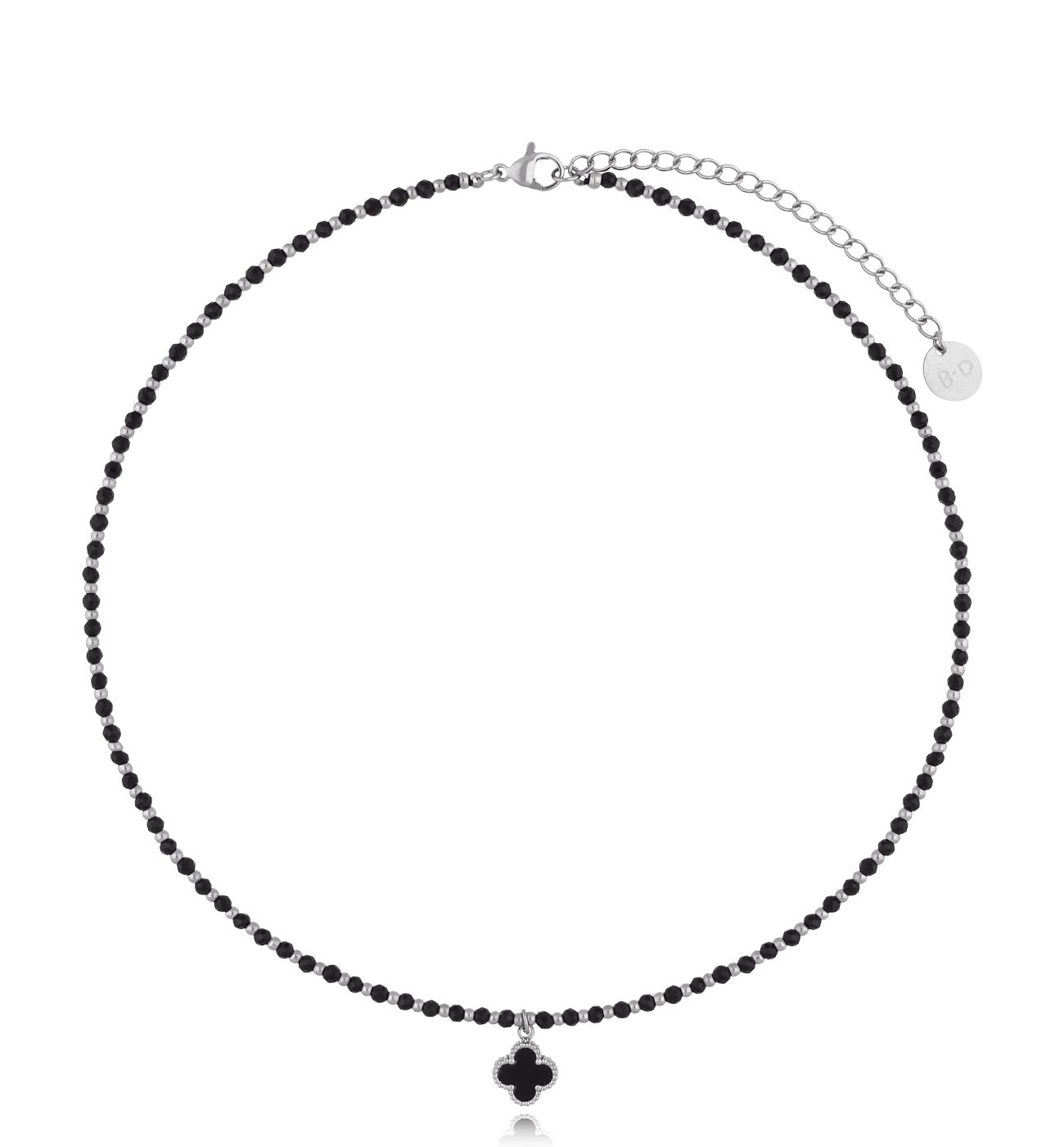 Naszyjnik z czarnych fasetowanych turmalinów z zawieszką koniczynką NTW1336