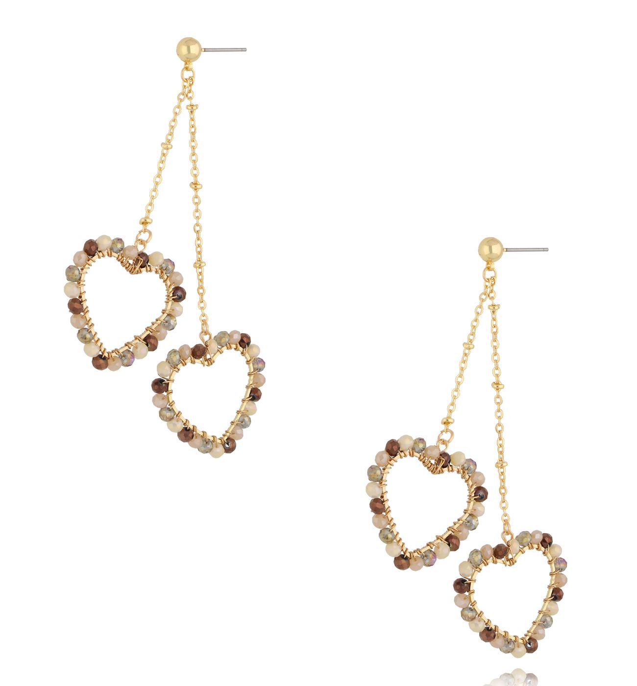 Kolczyki serca z brązowymi i beżowymi kryształkami KWE0239 - By Dziubeka