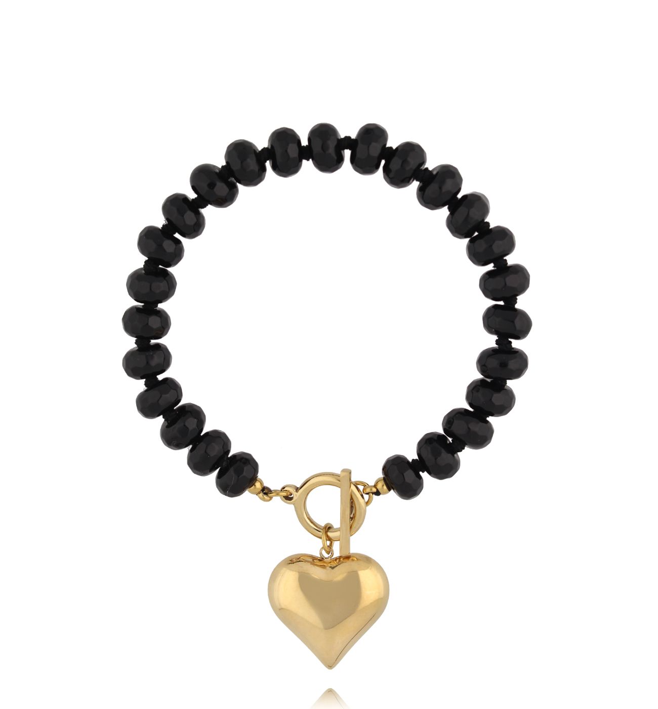 Bransoletka z czarnych agatów i złotym sercem - By Dziubeka