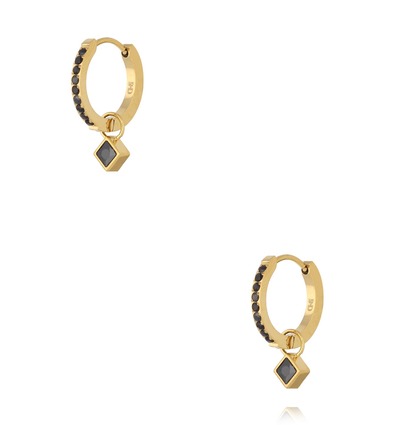 Kolczyki złote kółeczka z zawieszką w kształcie rombu – czarne cyrkonie - By Dziubeka