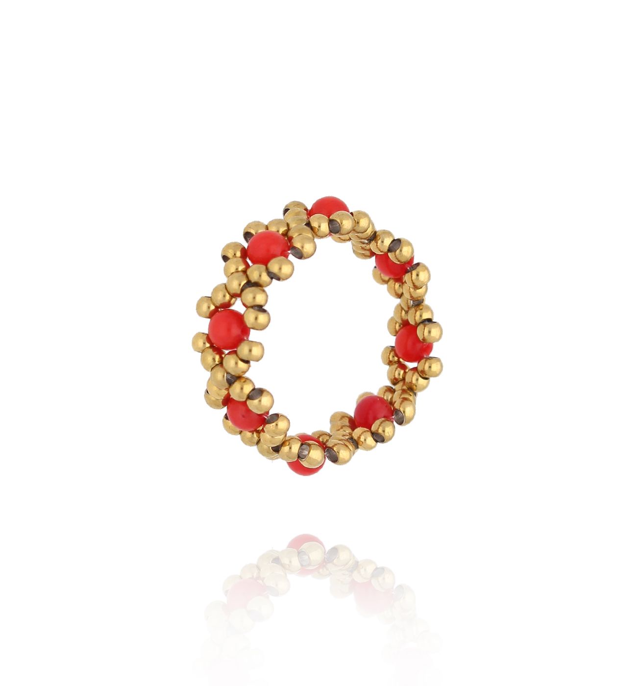 Pierścionek elastyczny z czerwonym koralem złoty PSC0690 - By Dziubeka