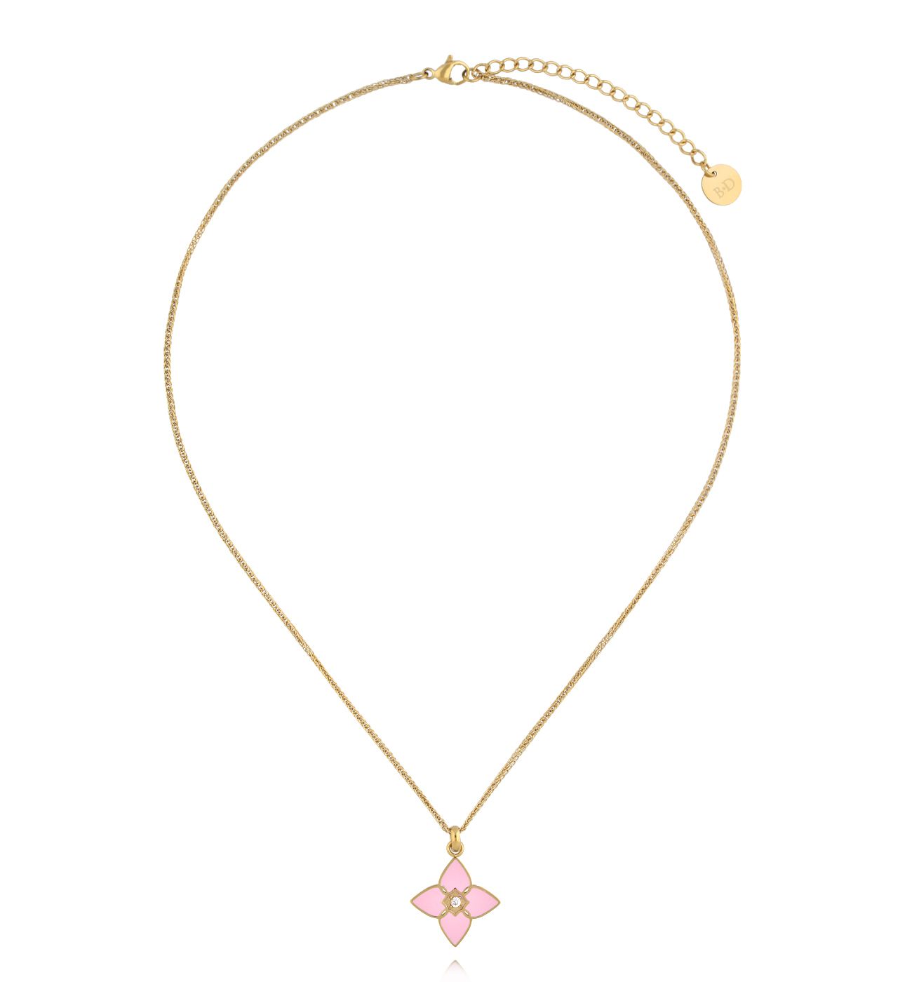 Naszyjnik z koniczynką i różową emalią złoty - By Dziubeka