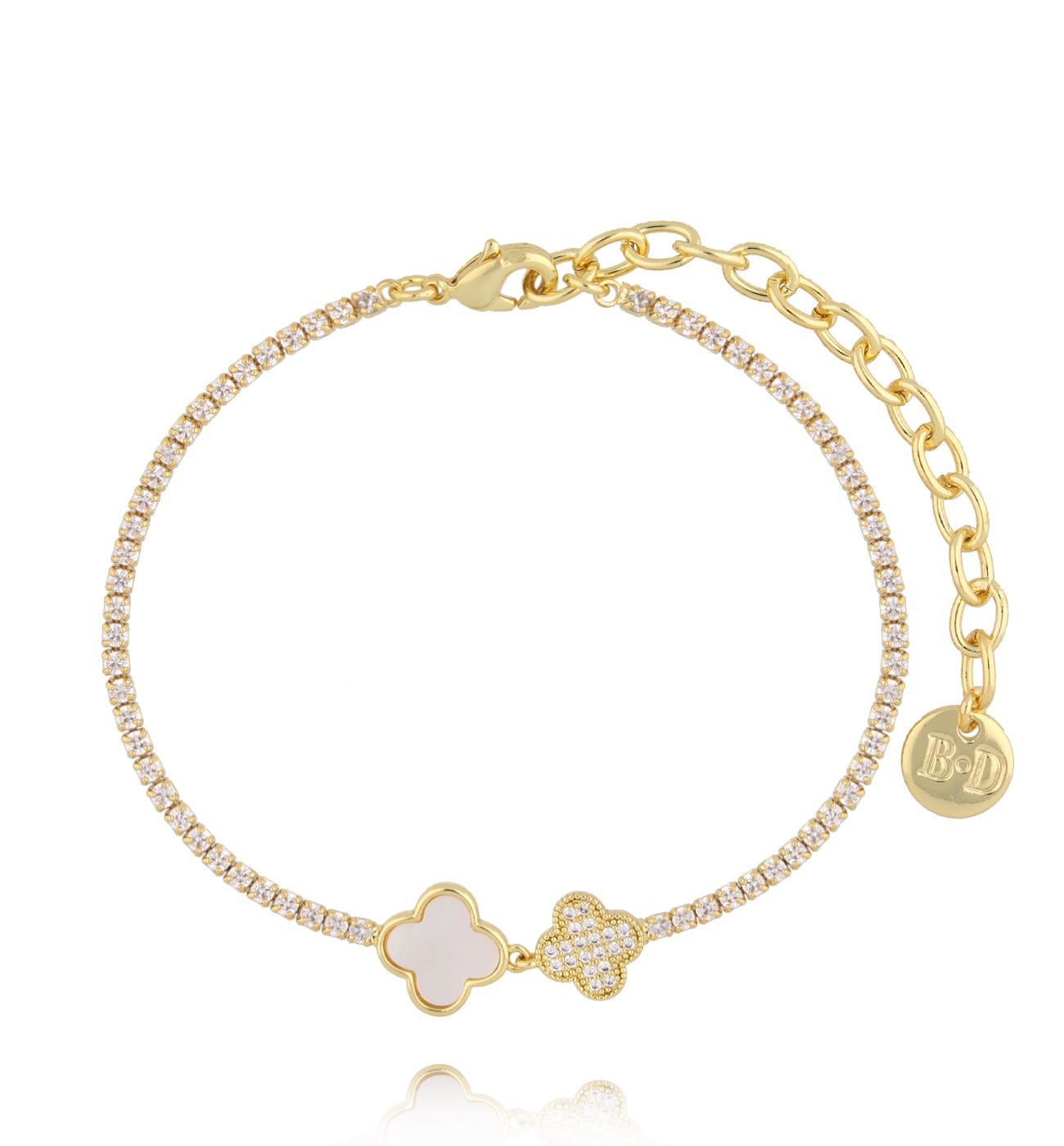 Bransoletka tennis z koniczynkami – biała masa perłowa i cyrkonie BSS0233 - By Dziubeka