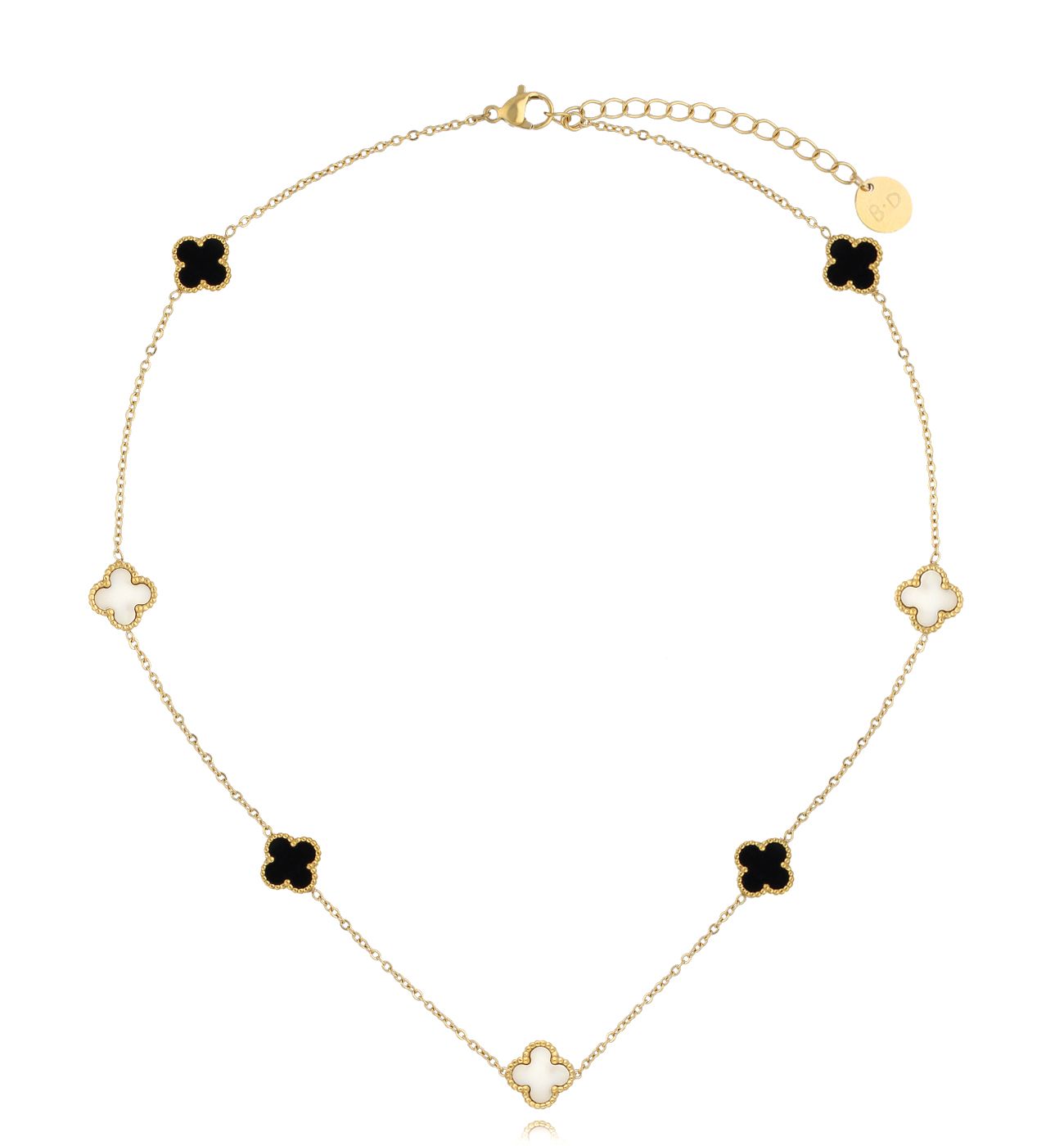 Naszyjnik złoty z czarnymi i białymi koniczynkami Clover NSY0167 - By Dziubeka