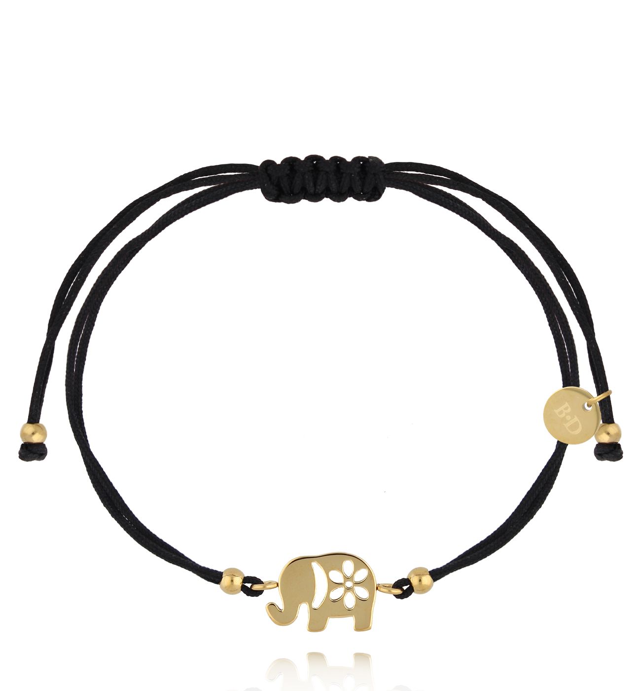 Bransoletka z czarnym sznurkiem i złotym słonikiem BGL1075 - By Dziubeka