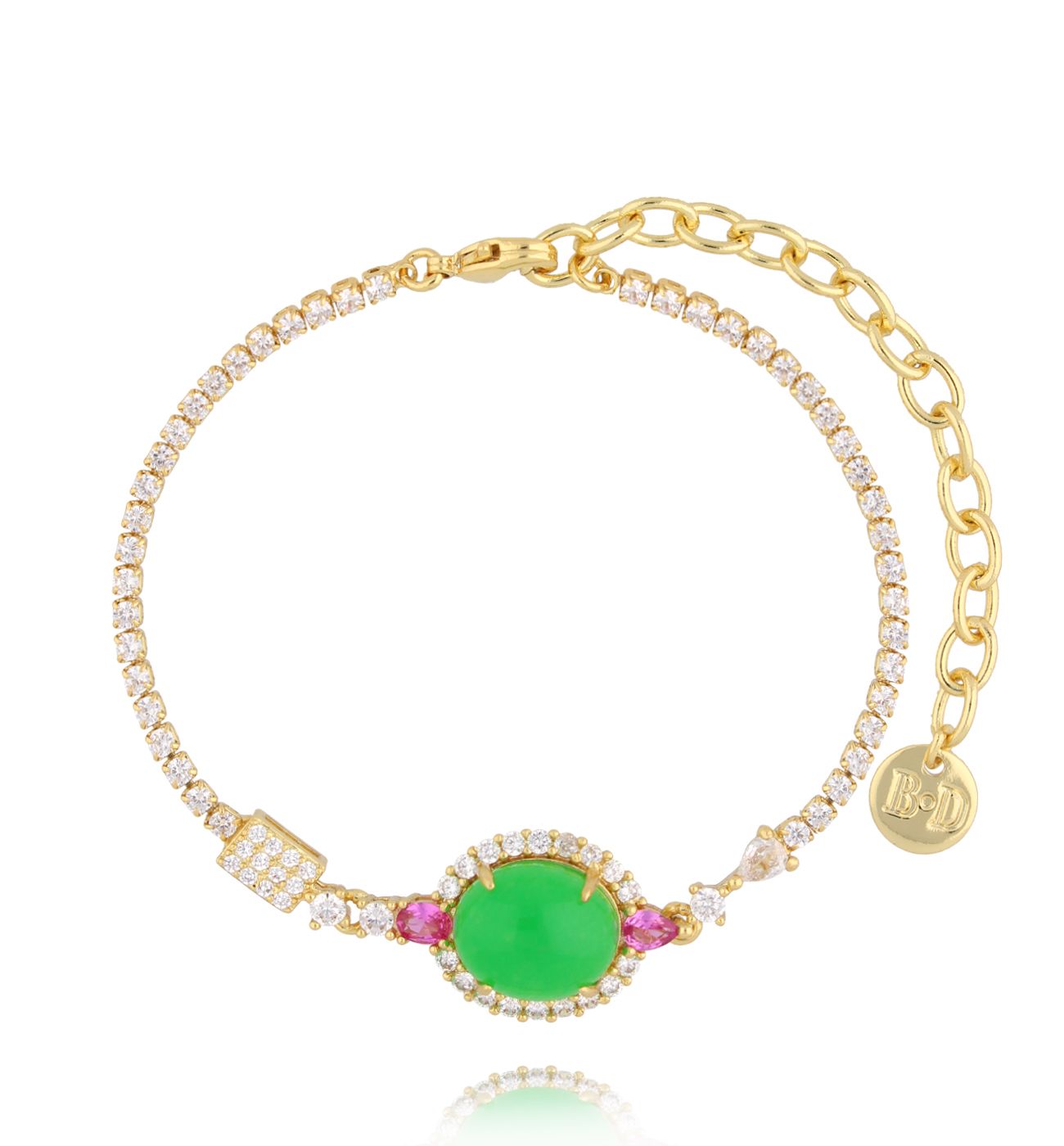 Bransoletka tennis z zielonym kamieniem i różowymi akcentami BSS0234